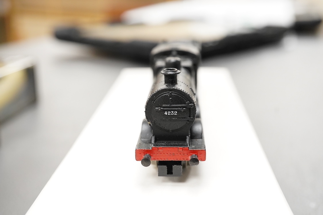 Thirteen N gauge railway by Graham Farish, etc., including two locomotives; a BR Class 4 0-6-0 tender locomotive, 4232, and an LMS 0-6-0T locomotive, 16389, together with two bogie coaches, eight freight wagons, and a Pe